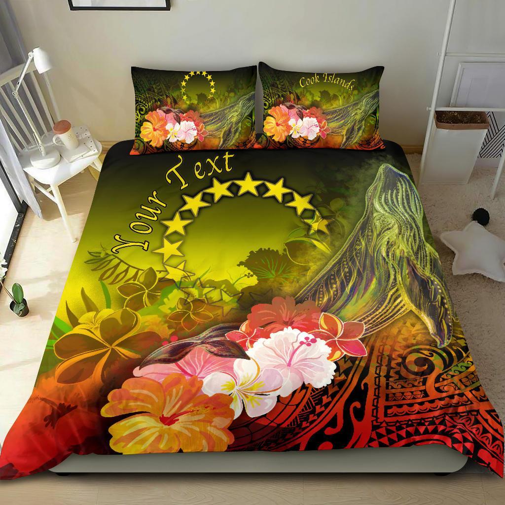Cook Islands Custom Personalised Bedding Set - Humpback Whale with Tropical Flowers (Yellow) Yellow - Polynesian Pride