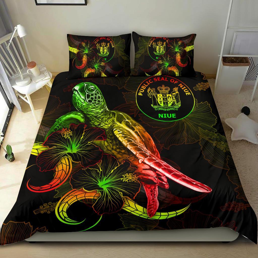 Niue Polynesian Bedding Set - Turtle With Blooming Hibiscus Reggae - Polynesian Pride