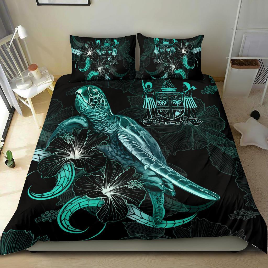 Fiji Polynesian Bedding Set - Turtle With Blooming Hibiscus Turquoise - Polynesian Pride