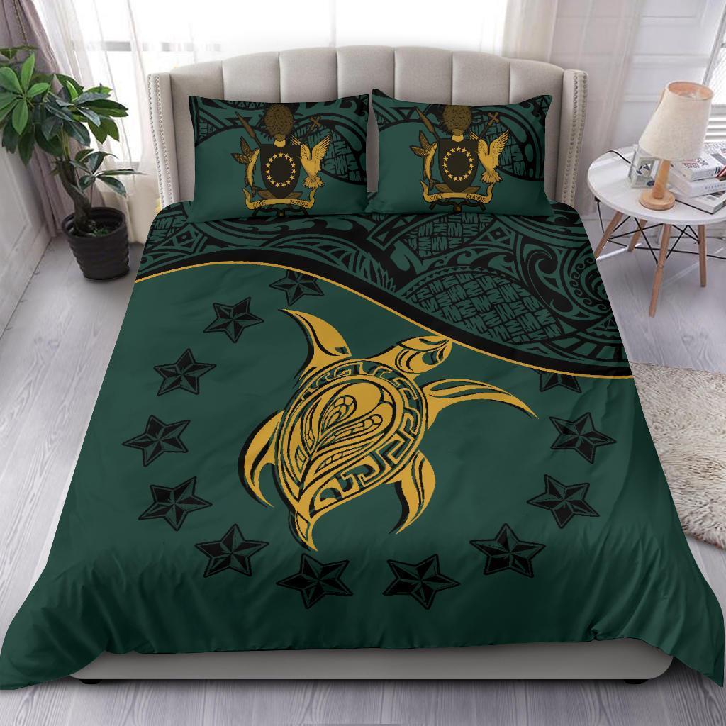 Cook Island Duvet Cover Set - Cook Island Flag & Turtle Tattoo Dark Green - Polynesian Pride