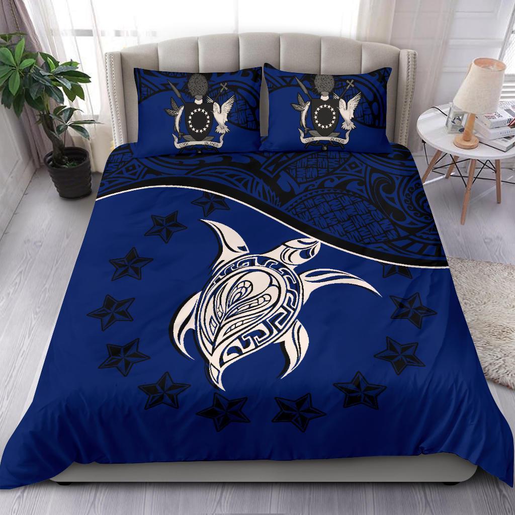 Cook Island Duvet Cover Set - Cook Island Flag & Turtle Tattoo Dark Blue - Polynesian Pride