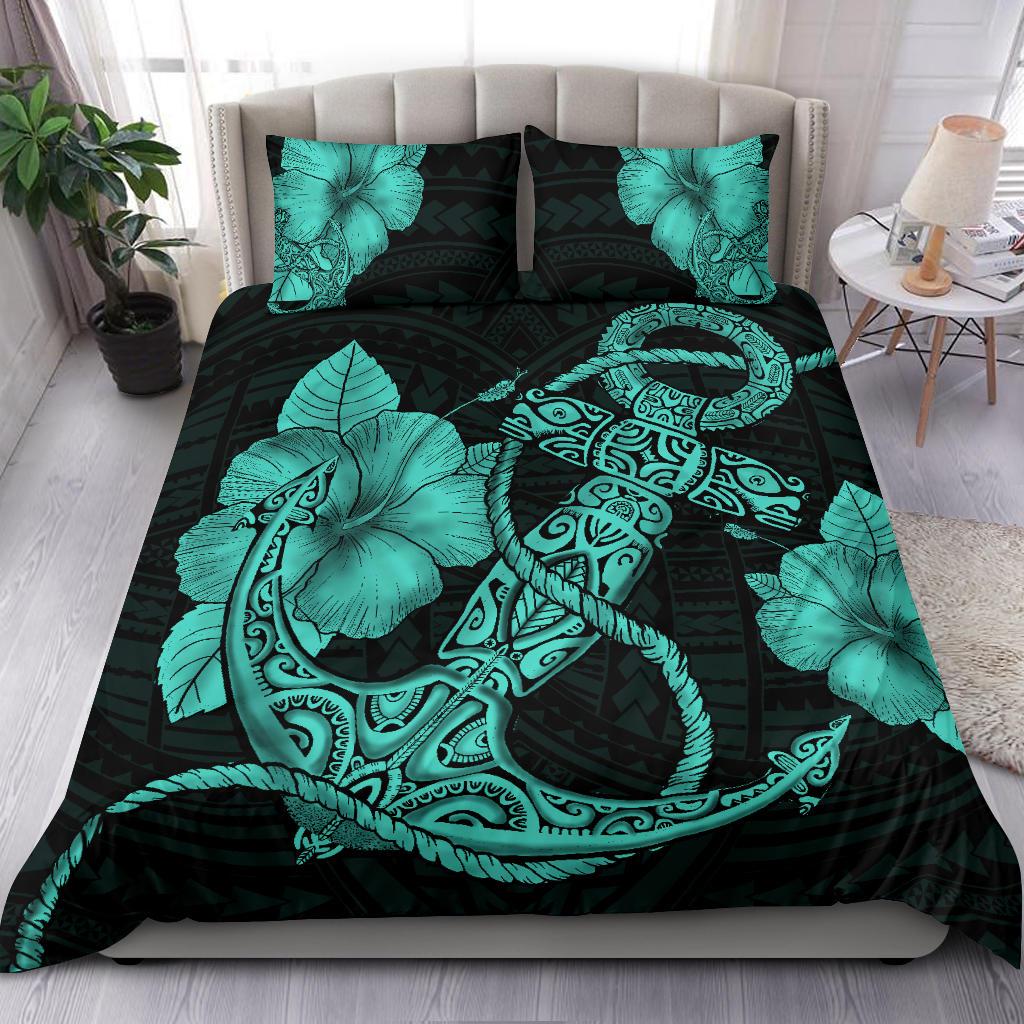Hawaiian Anchor Poly Tribal Hibiscus Polynesian Bedding Set Turquoise - Polynesian Pride