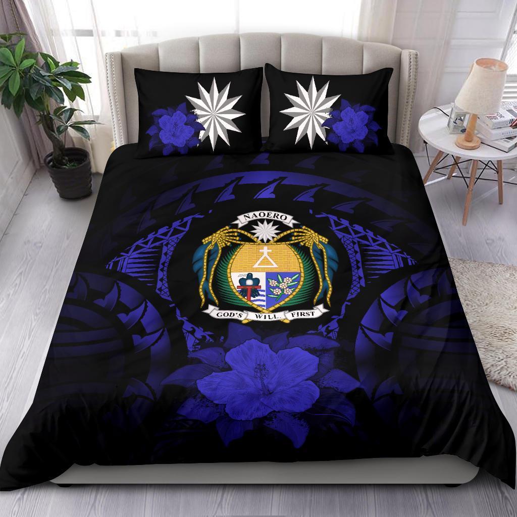 Nauru Duvet Cover Set - Nauru Coat Of Arms & Dark Blue Hibiscus - Polynesian Pride