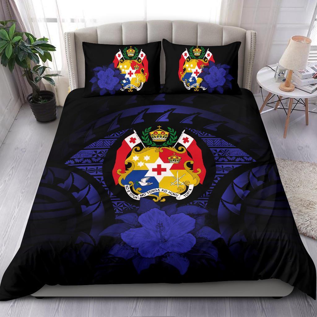 Tonga Duvet Cover Set - Tonga Coat Of Arms & Dark Blue Hibiscus - Polynesian Pride