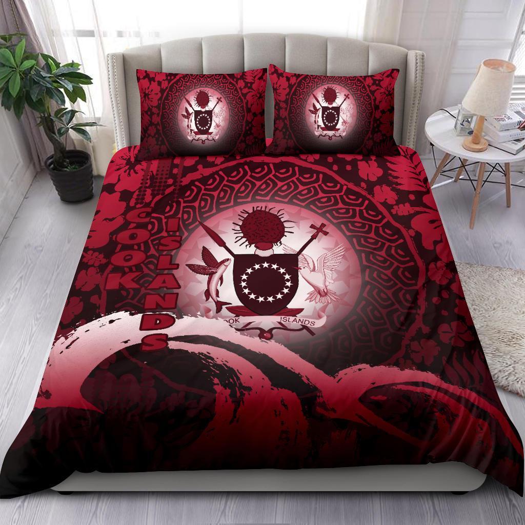 Cook Islands Duvet Cover Set - Cook Islands Coat Of Arms Wave and Hibiscus Red - Polynesian Pride