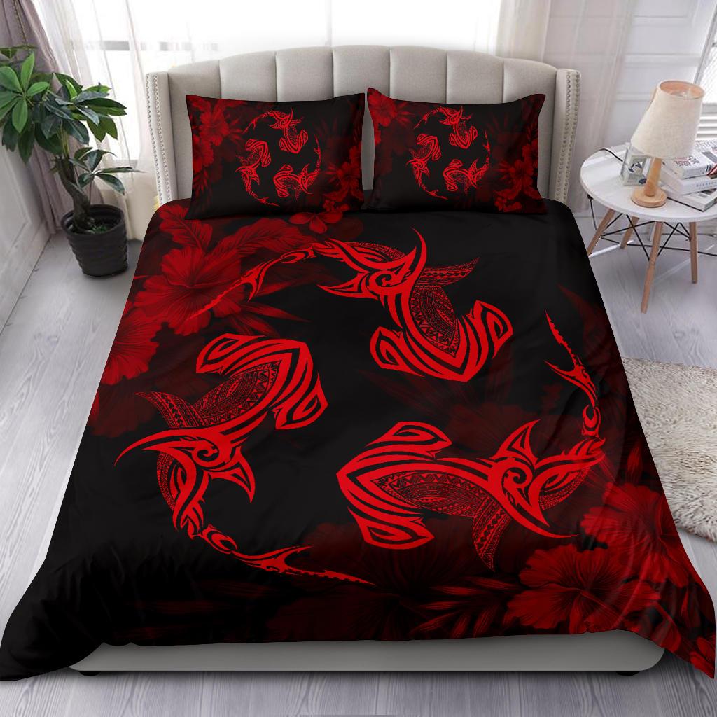 Hawaiian Hammerhead Shark Hibiscus Red Polynesian Bedding Set - Polynesian Pride