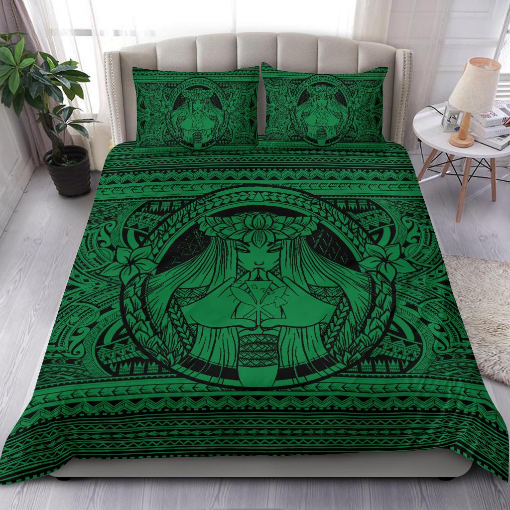 Hawaiian Map Madame Pele Kanaka Plumeria Polynesian Bedding Set Green - Polynesian Pride