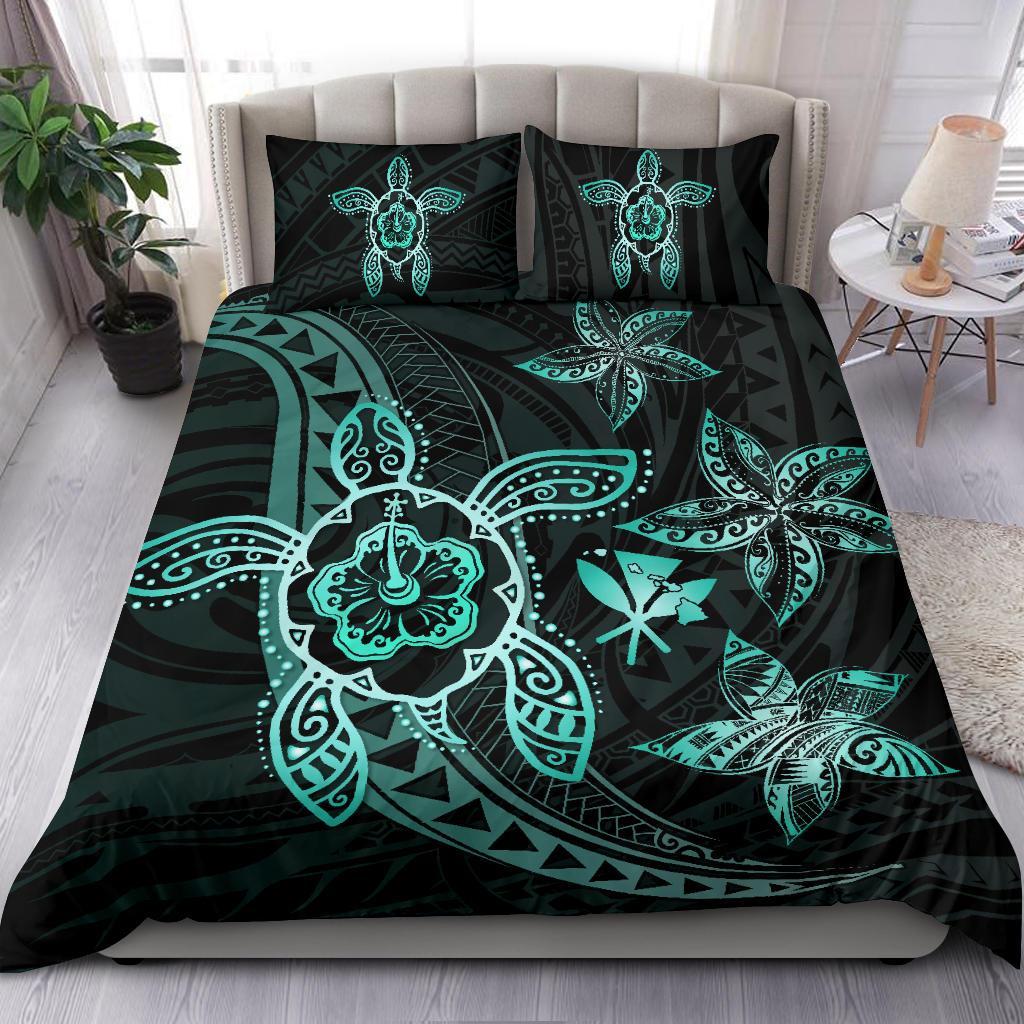 Hawaiian Map Art Turtle Kanaka Hibiscus Plumeria Turquoise Polynesian Bedding Set - Polynesian Pride