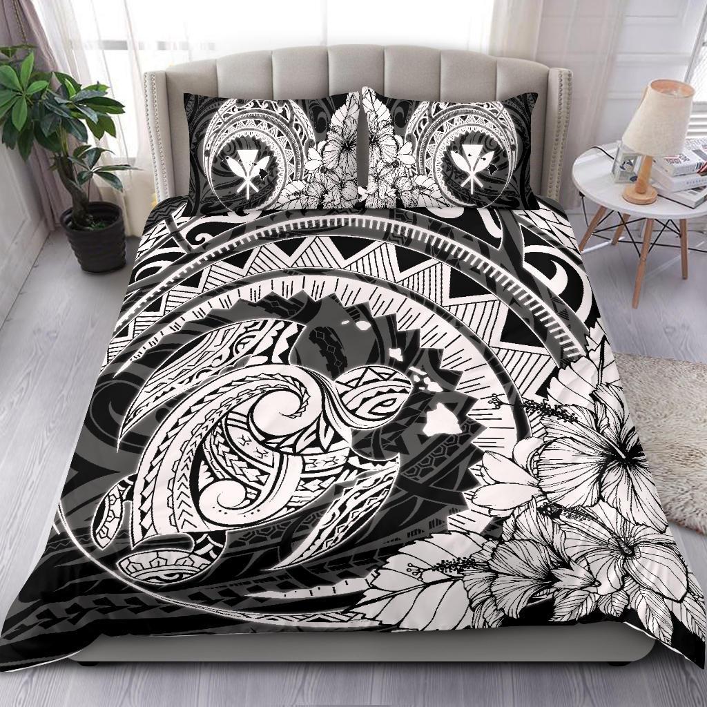 Hawaiian Map Kanaka Honu Hibiscus White Globular Polynesian Bedding Set - Polynesian Pride