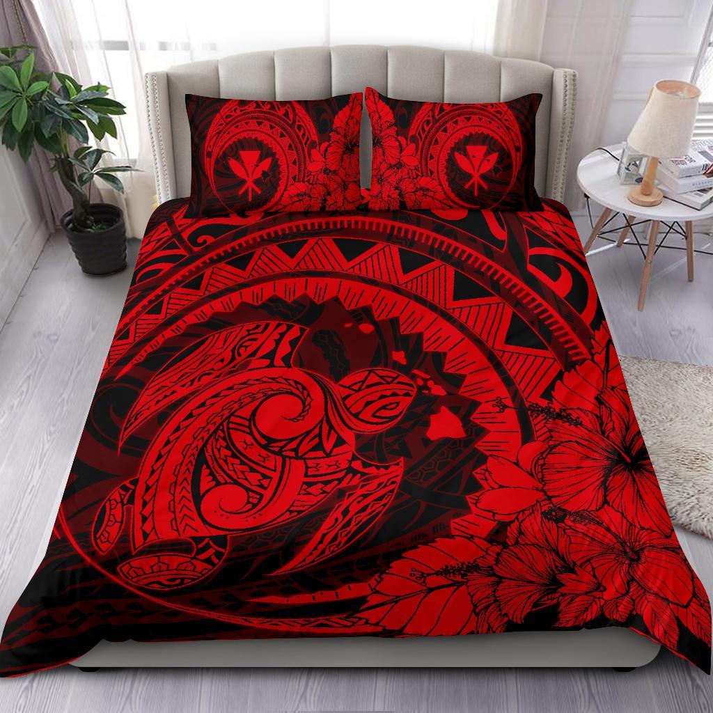 Hawaiian Map Kanaka Honu Hibiscus Red Globular Polynesian Bedding Set - Polynesian Pride