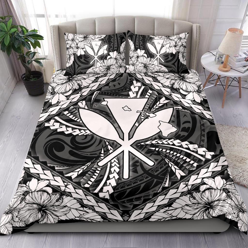 Hawaiian Map Kanaka Hibiscus White Polynesian Bedding Set - Polynesian Pride