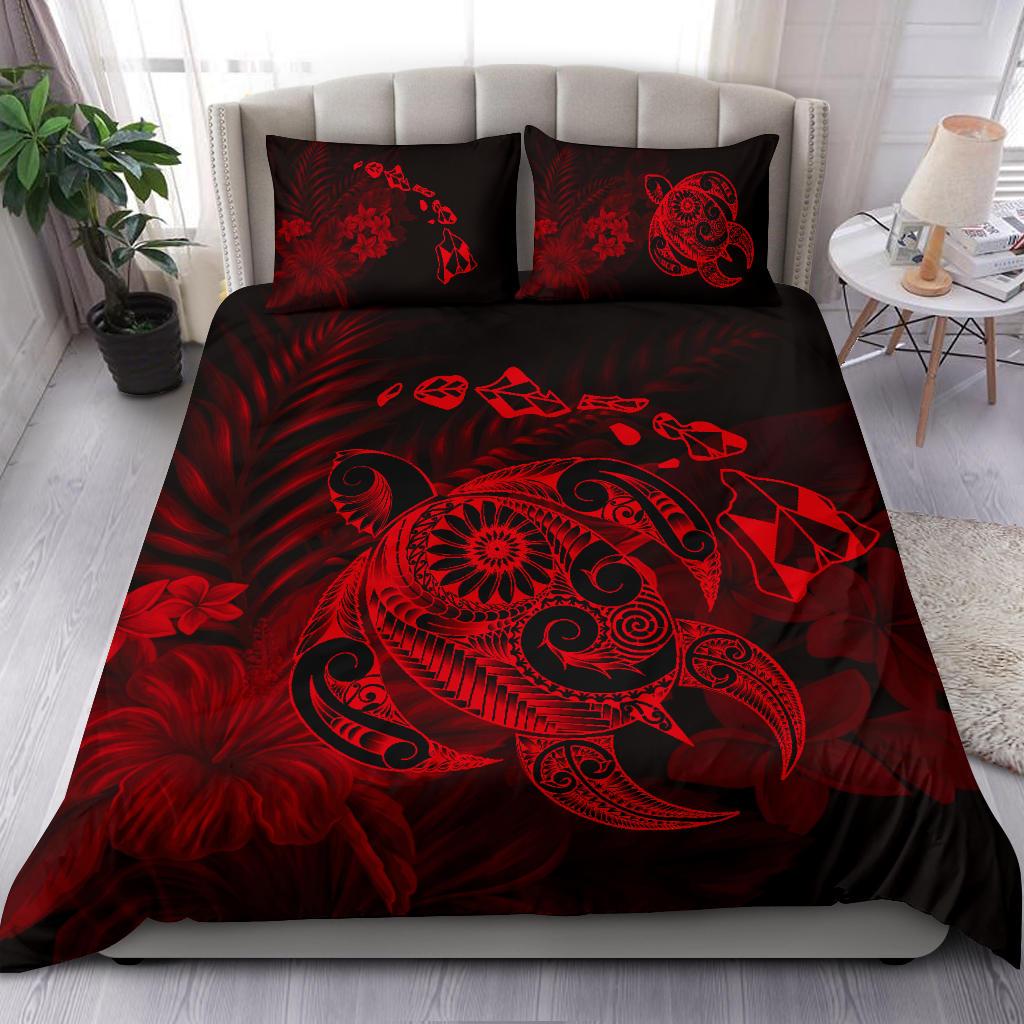 Hawaiian Map Turtle Tattoo Hibiscus Plumeria Polynesian Bedding Set - Red - Polynesian Pride