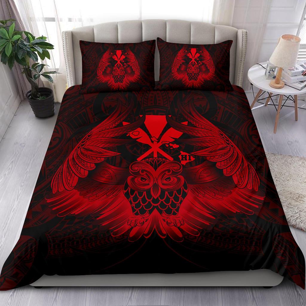 Hawaiian Map Owl Kanaka Bedding Set - Pueo Aumakua - Red - Polynesian Pride