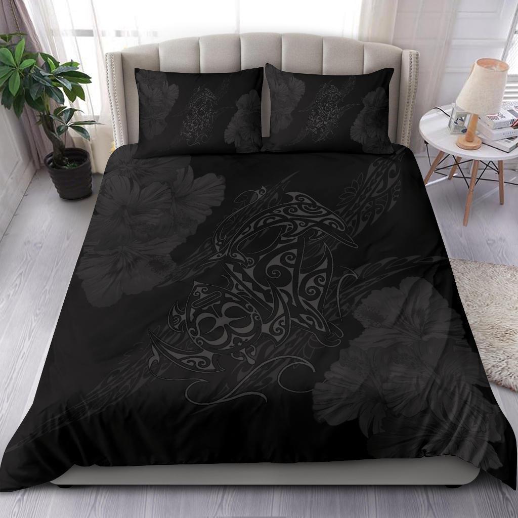 Hawaiian Hibiscus Dolphin Manta Ray Turtle Polynesian Bedding Set Waves Grey - Polynesian Pride