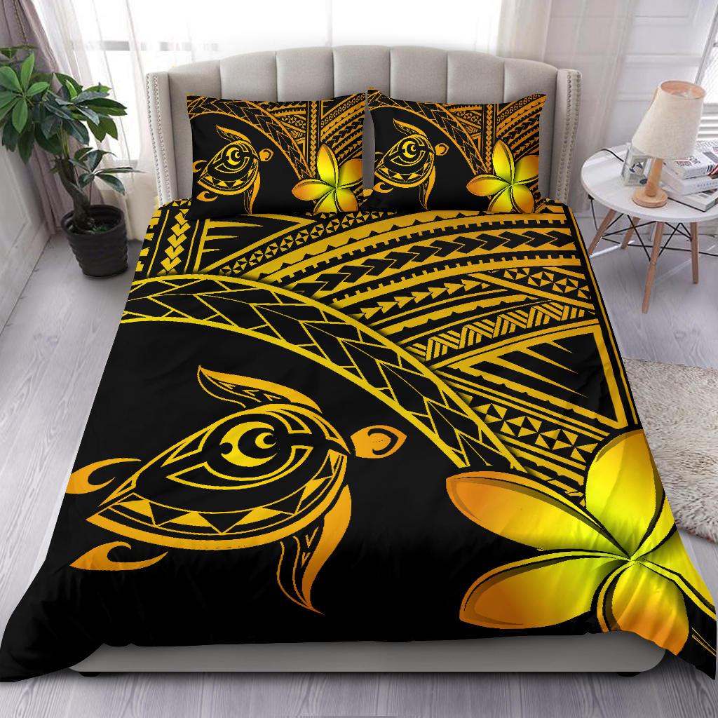 Hawaiian Turtle Kakau Plumeria Polynesian Bedding Set Yellow - Polynesian Pride