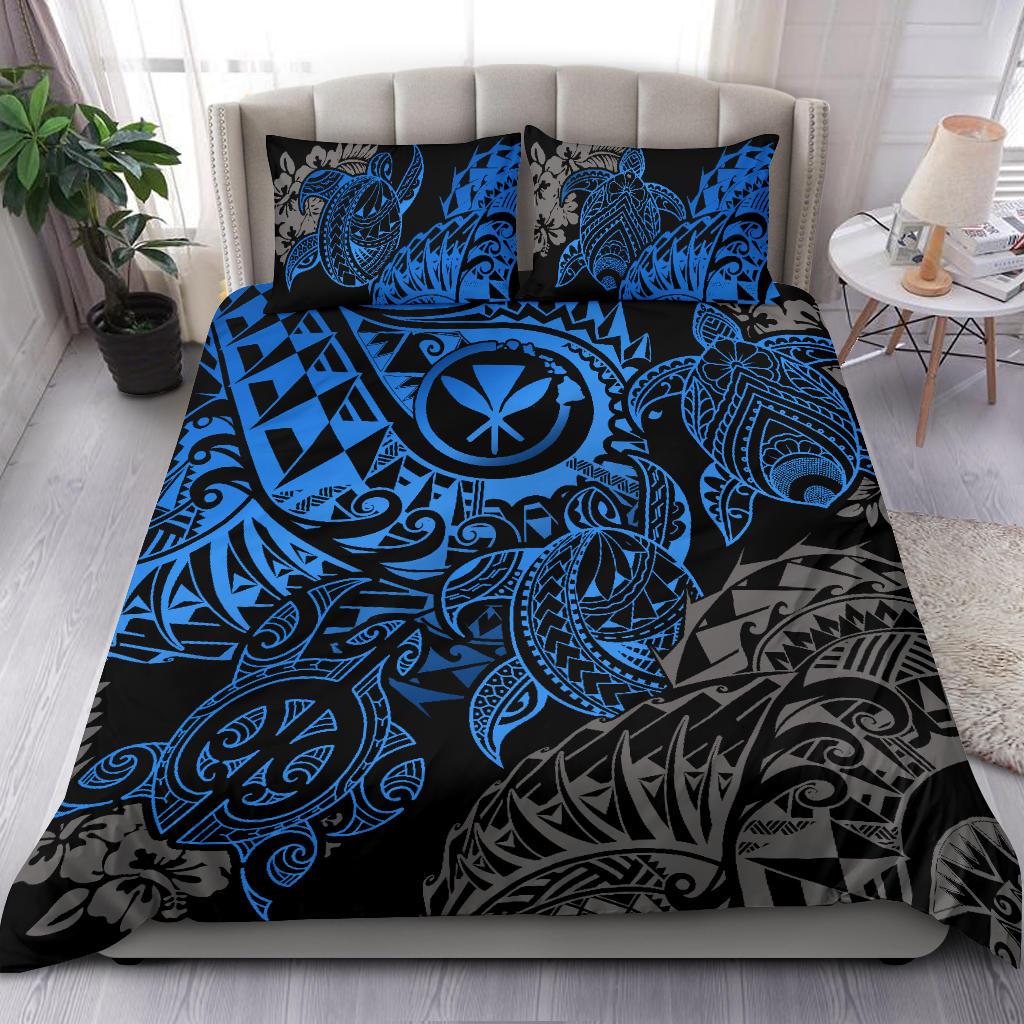 Polynesian Hawaii (Kanaka Maoli) Duvet Cover Set - Blue Hibiscus Turtle Flowing - Polynesian Pride