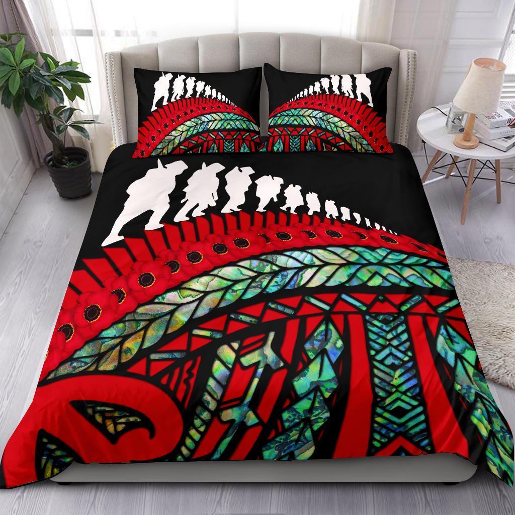 Anzac New Zealand Bedding Set, Poppies Lest We Forget Maori Duvet Cover Soldiers Paua Red - Polynesian Pride