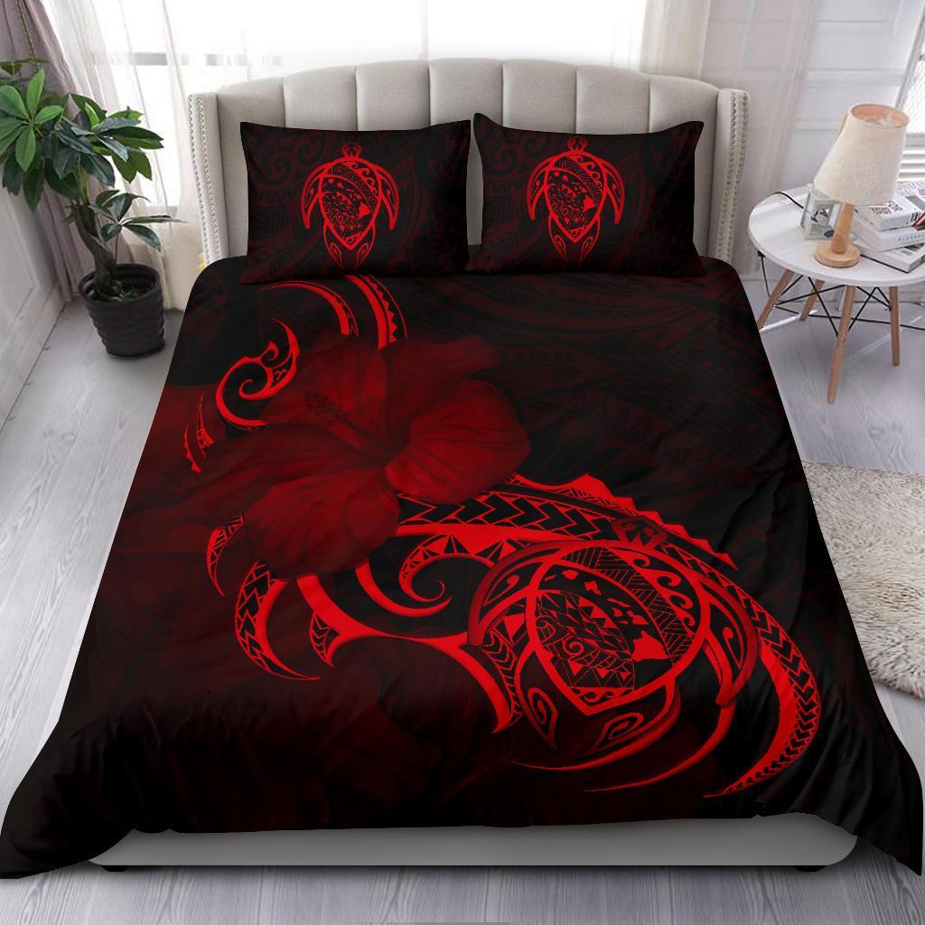 Hawaiian Map Turtle Hibiscus Divise Red Polynesian Bedding Set - Polynesian Pride