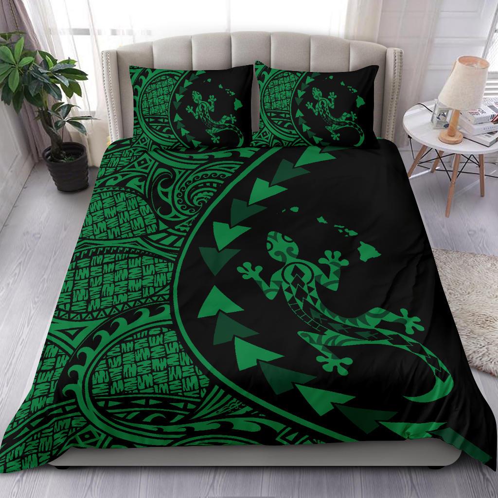 Hawaiian Map Gecko Tattoo Kakau Polynesian Bedding Set Green - Polynesian Pride