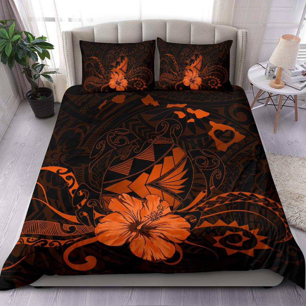 Hawaiian Map Heart Turtle Tattoo Hibiscus Polynesian Bedding Set - Orange - Polynesian Pride