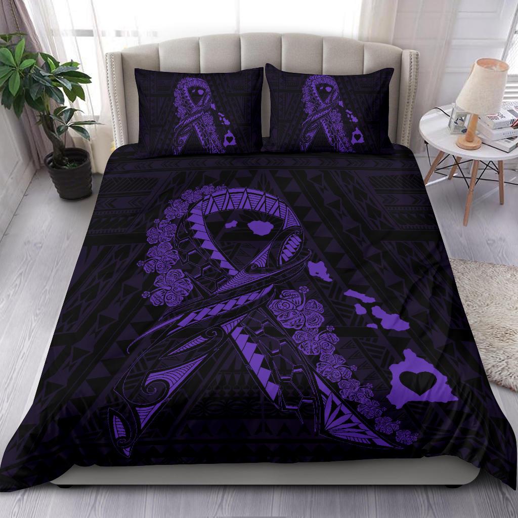 Hawaiian Map Heart Ribbon Cancer Hibiscus Polynesian Bedding Set - Purple - Polynesian Pride