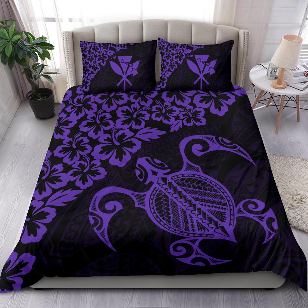 Hawaiian Map Turtle Hibiscus Kanaka Polynesian Bedding Set - Purple - Polynesian Pride