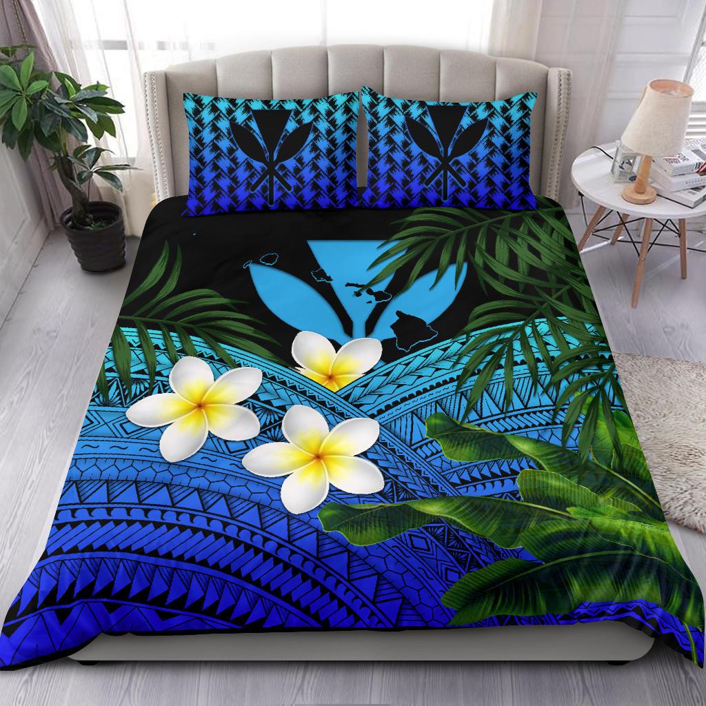 Kanaka Maoli (Hawaiian) Bedding Set, Polynesian Plumeria Banana Leaves Blue Blue - Polynesian Pride