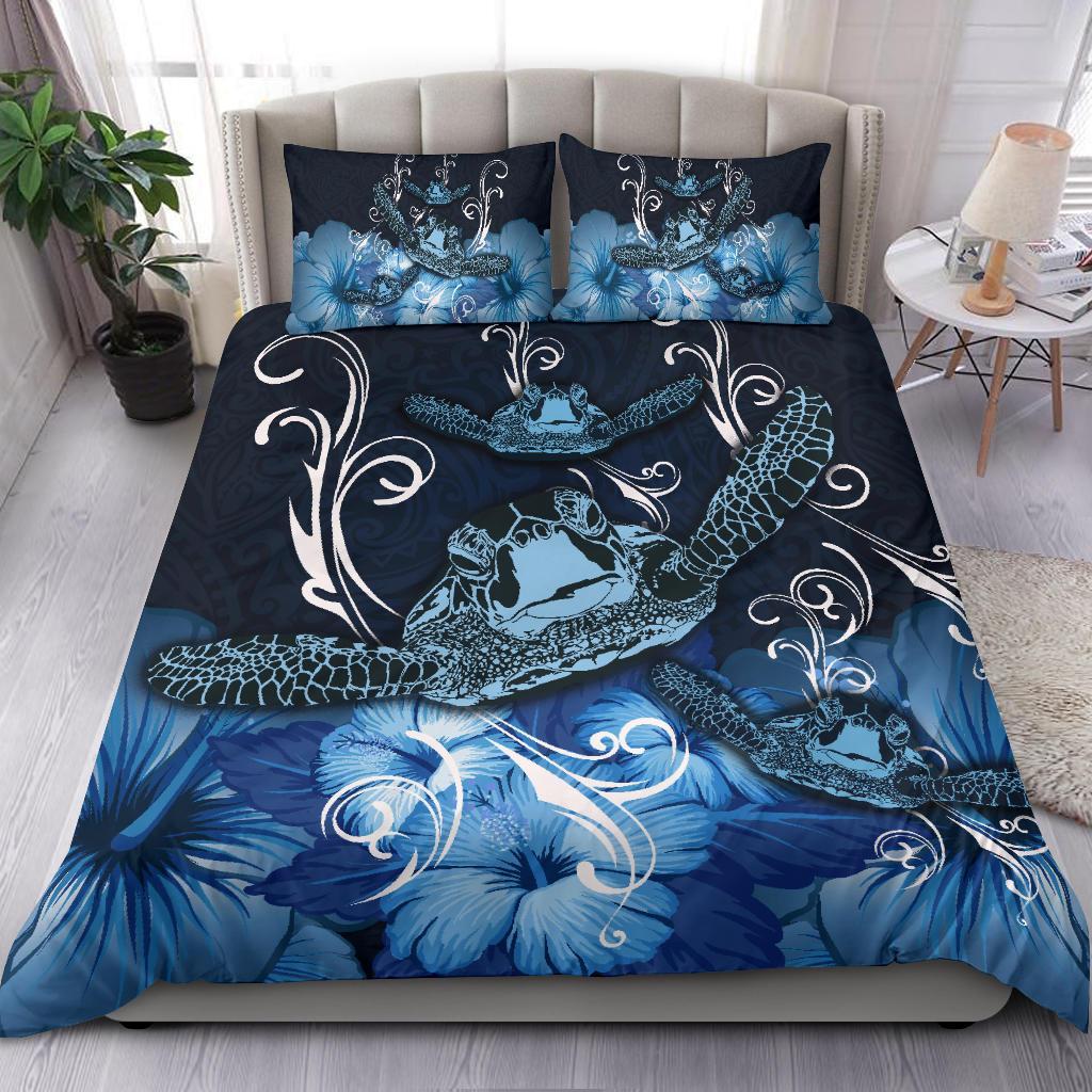 Hawaii Polynesian Turtle Waves Hibiscus Bedding Set - Erik Style - AH - Blue - Polynesian Pride
