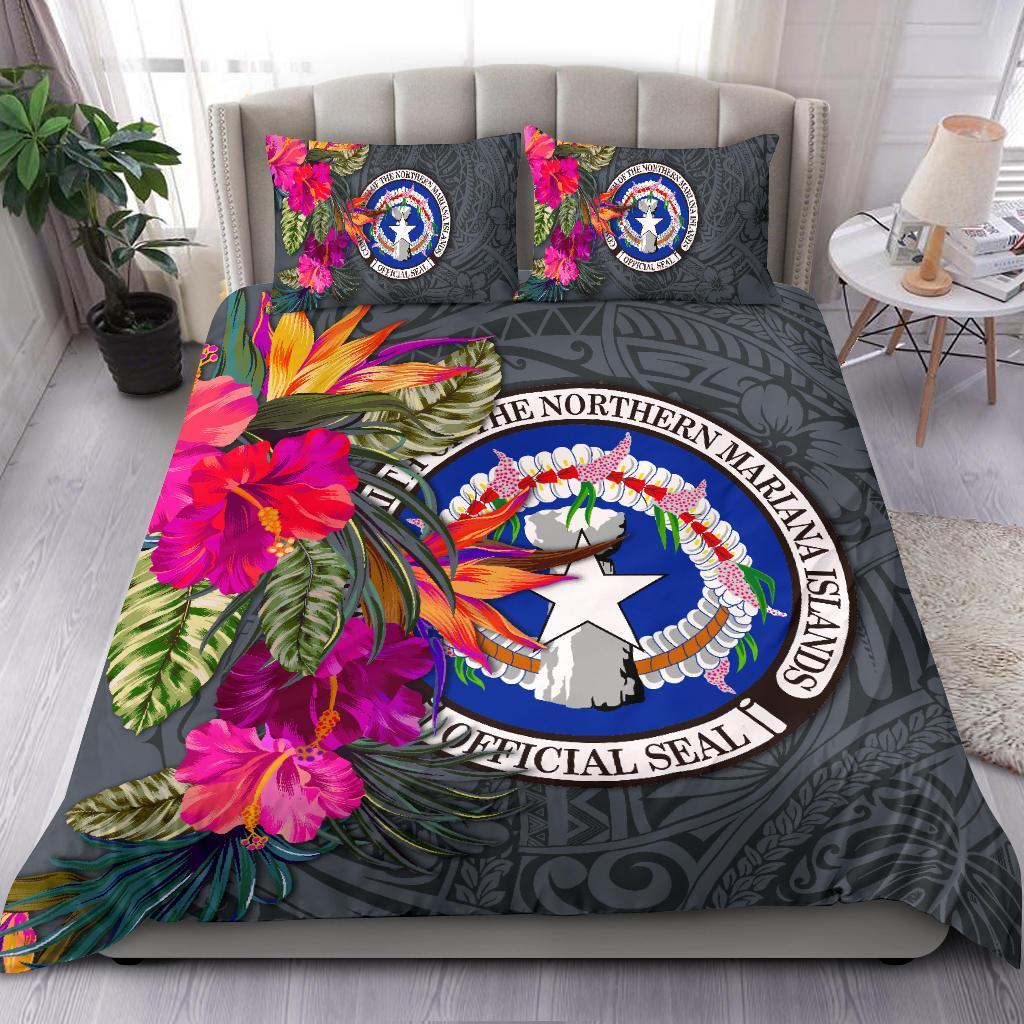 Northern Mariana Islands Bedding Set - Saipan Hibiscus Polynesian Pattern Gray Version - Polynesian Pride