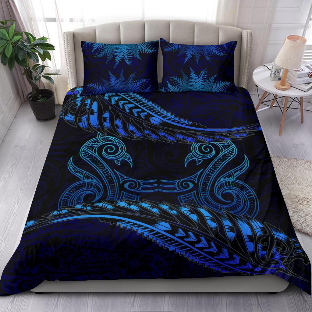 Aotearoa Bedding Set Blue Maori Manaia With Silver Fern Art - Polynesian Pride