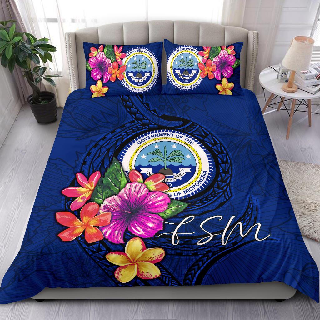 Micronesia Bedding Set - Federated States of Micronesia Duvet Cover Set Floral With Seal Blue Blue - Polynesian Pride