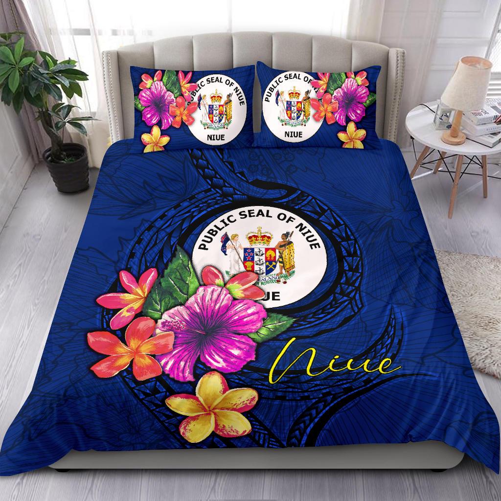 Polynesian Bedding Set - Niue Duvet Cover Set Floral With Seal Blue Blue - Polynesian Pride