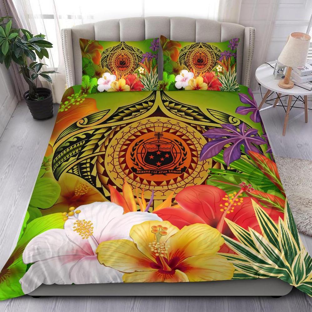 Samoa Polynesian Bedding Set - Manta Ray Tropical Flowers (Reggae) Green - Polynesian Pride