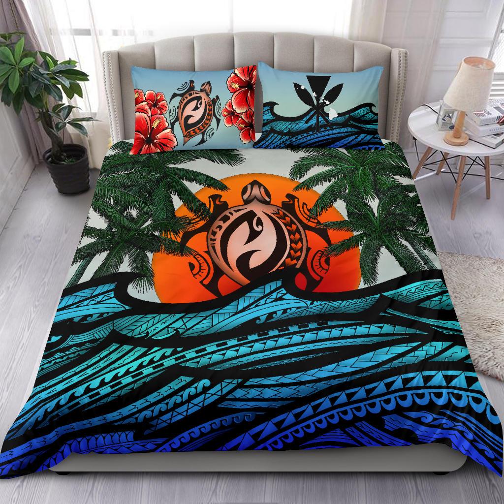 Kanaka Maoli (Hawaiian) Bedding Set - Polynesian Waves Turtle Coconut Tree And Hibiscus Blue - Polynesian Pride