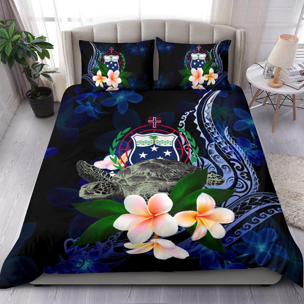 Samoa Polynesian Bedding Set - Turtle With Plumeria Flowers Blue - Polynesian Pride