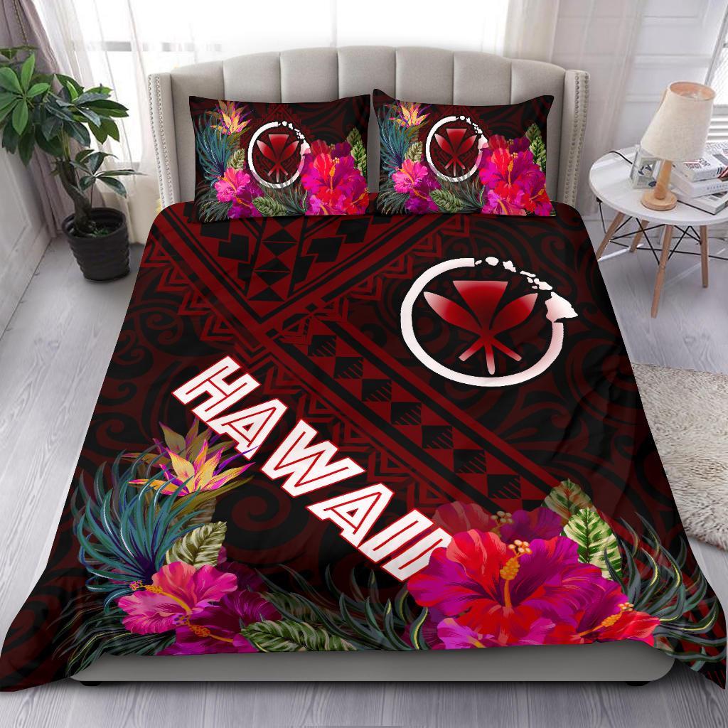Hawaii Bedding Set - Kanaka Maoli With Hibiscus On Polynesian Patterns (RED) Red - Polynesian Pride