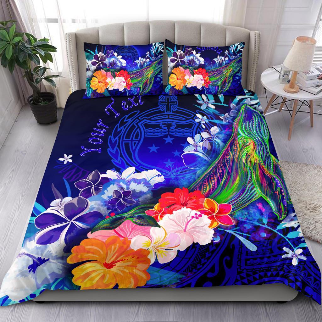 Custom Personalised Samoa Bedding Set - Humpback Whale with Tropical Flowers (Blue) Blue - Polynesian Pride