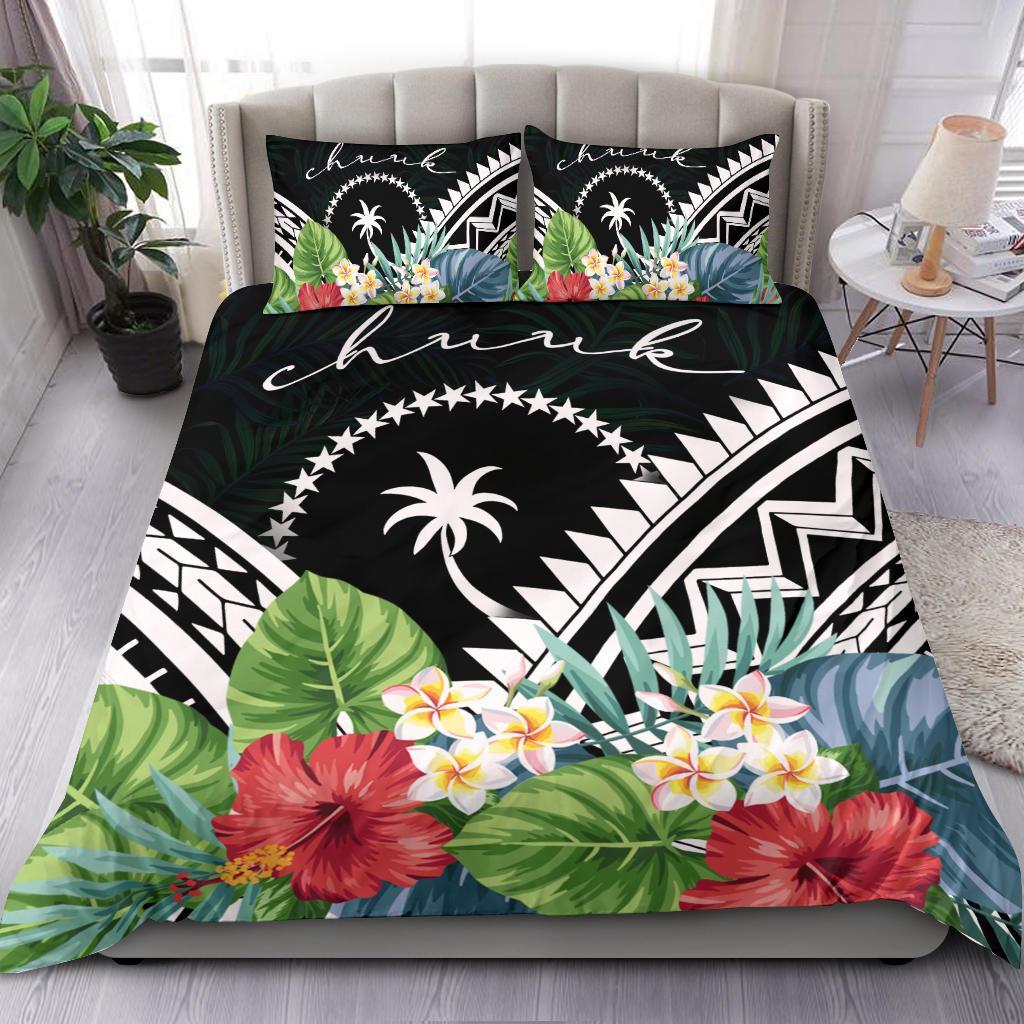 Chuuk Bedding Set - Chuuk Coat of Arms & Polynesian Tropical Flowers White White - Polynesian Pride