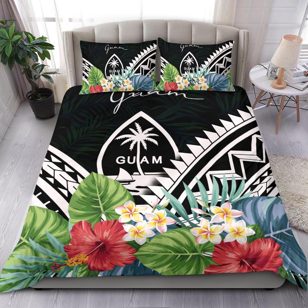Guam Bedding Set - Guam Coat of Arms & Polynesian Tropical Flowers White White - Polynesian Pride