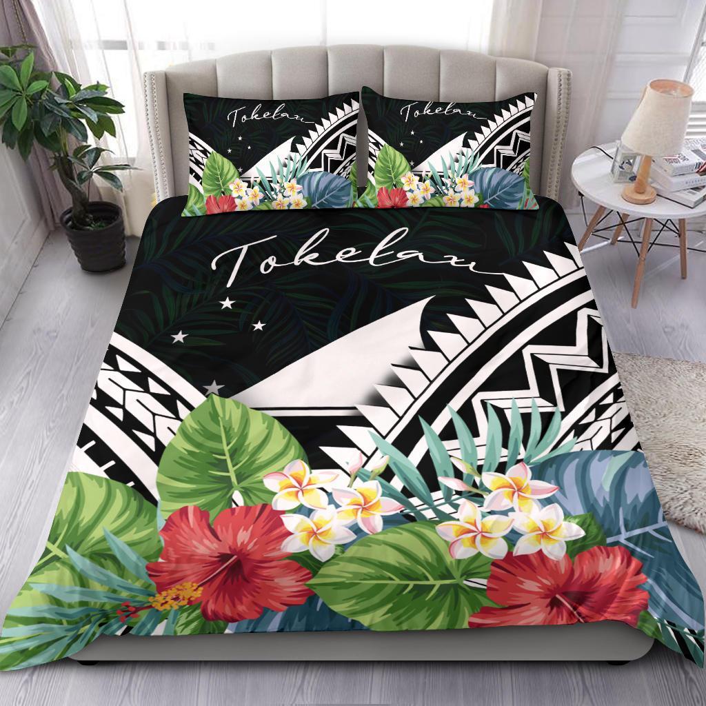 Tokelau Bedding Set - Tokelau Coat of Arms & Polynesian Tropical Flowers White Black - Polynesian Pride