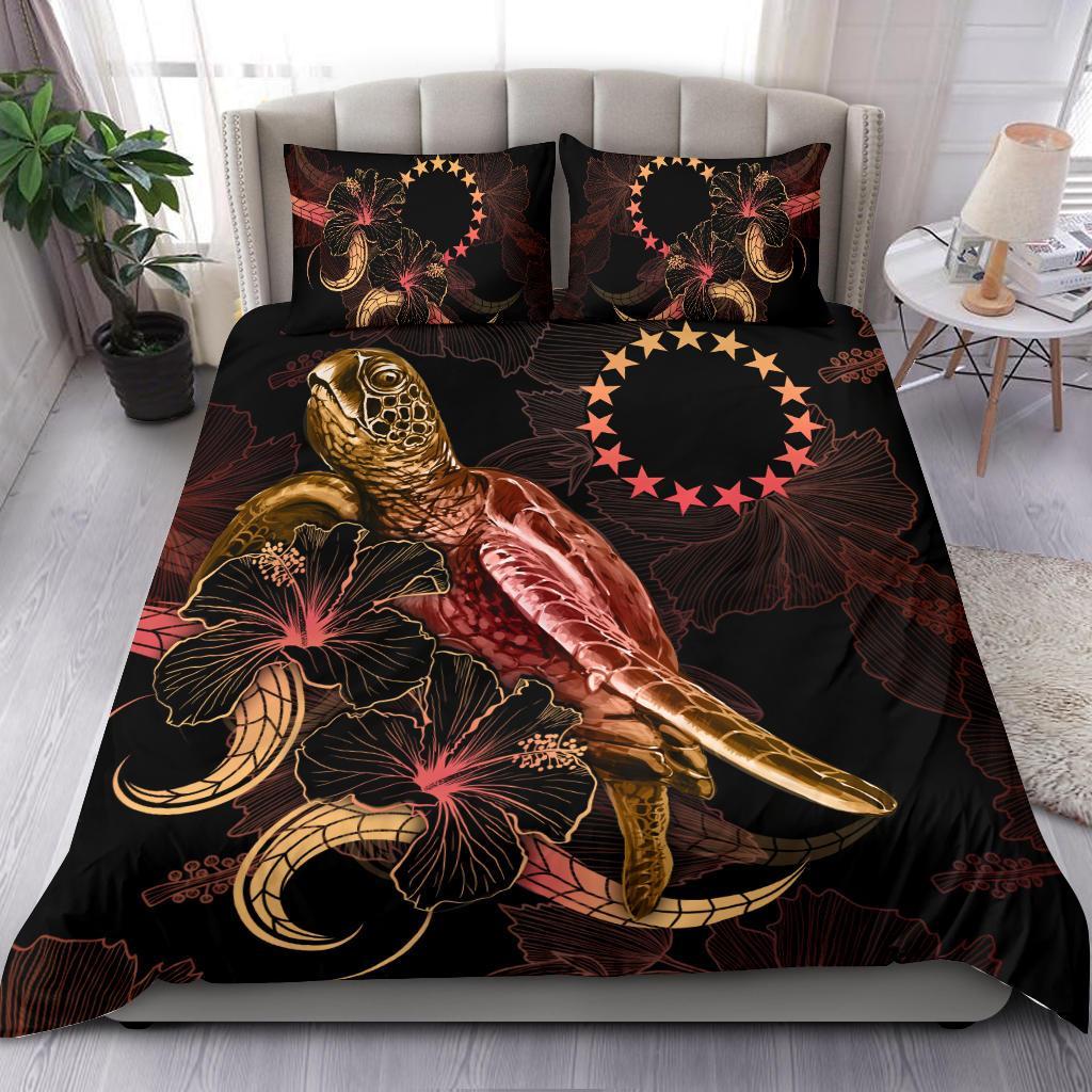 Cook Islands Polynesian Bedding Set - Turtle With Blooming Hibiscus Gold Gold - Polynesian Pride