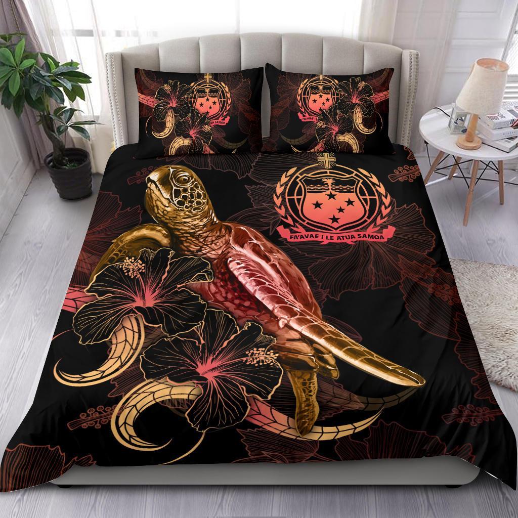 Samoa Polynesian Bedding Set - Turtle With Blooming Hibiscus Gold Gold - Polynesian Pride
