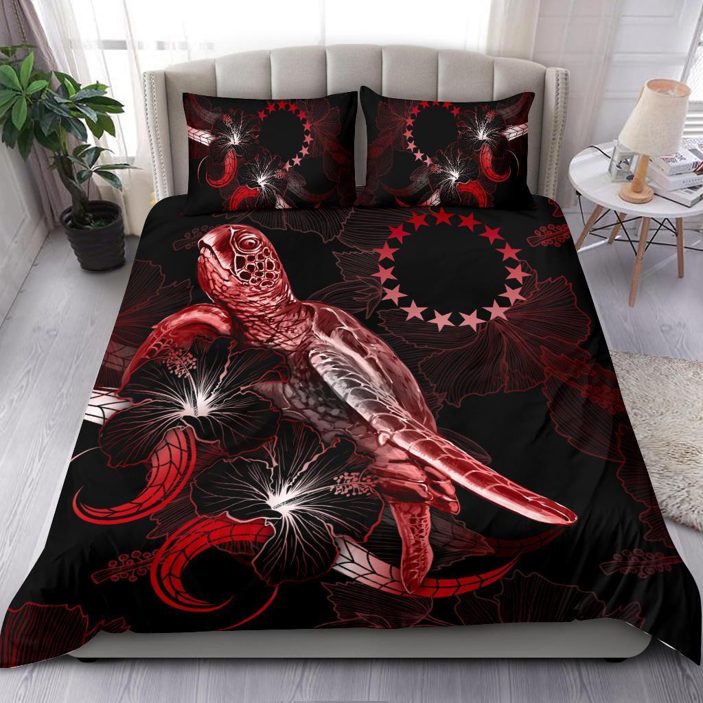 Cook Islands Polynesian Bedding Set - Turtle With Blooming Hibiscus Red Red - Polynesian Pride