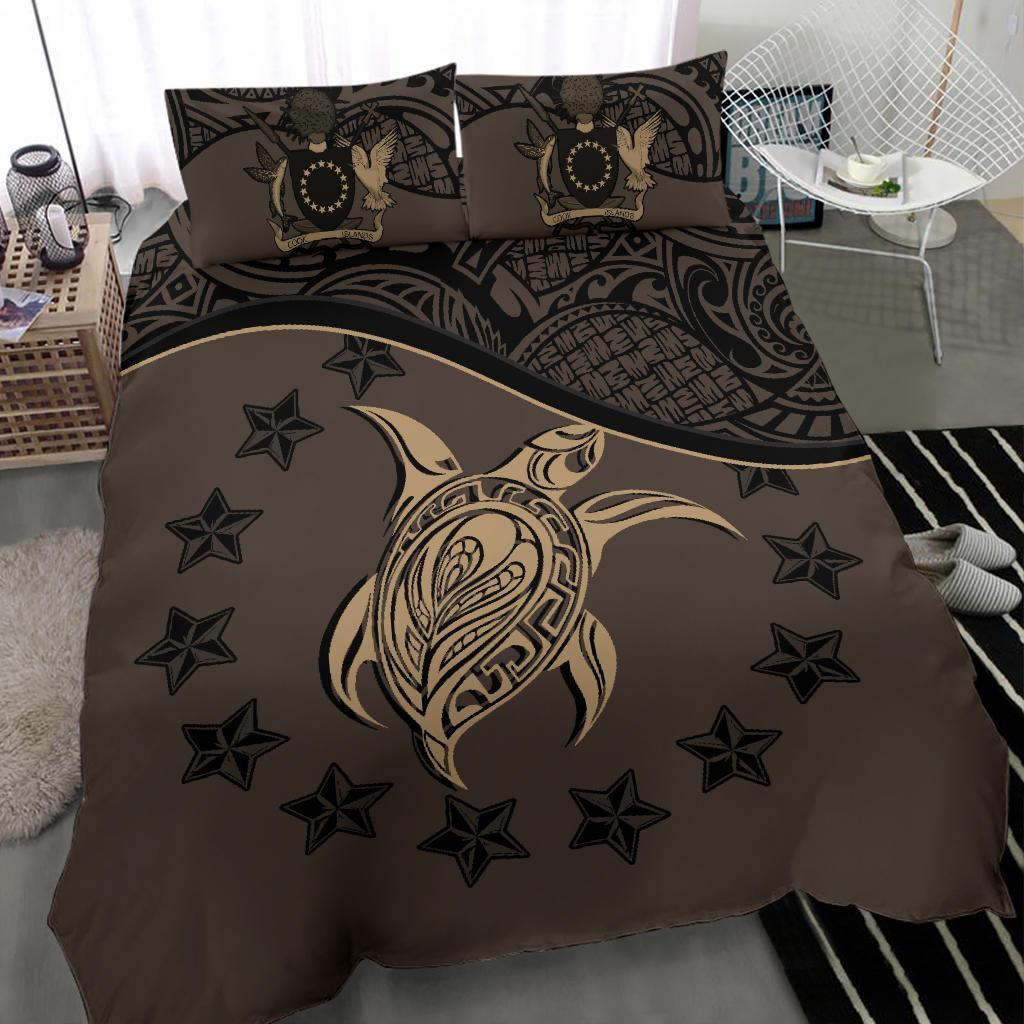 Cook Island Duvet Cover Set - Cook Island Flag & Turtle Tattoo Brown - Polynesian Pride