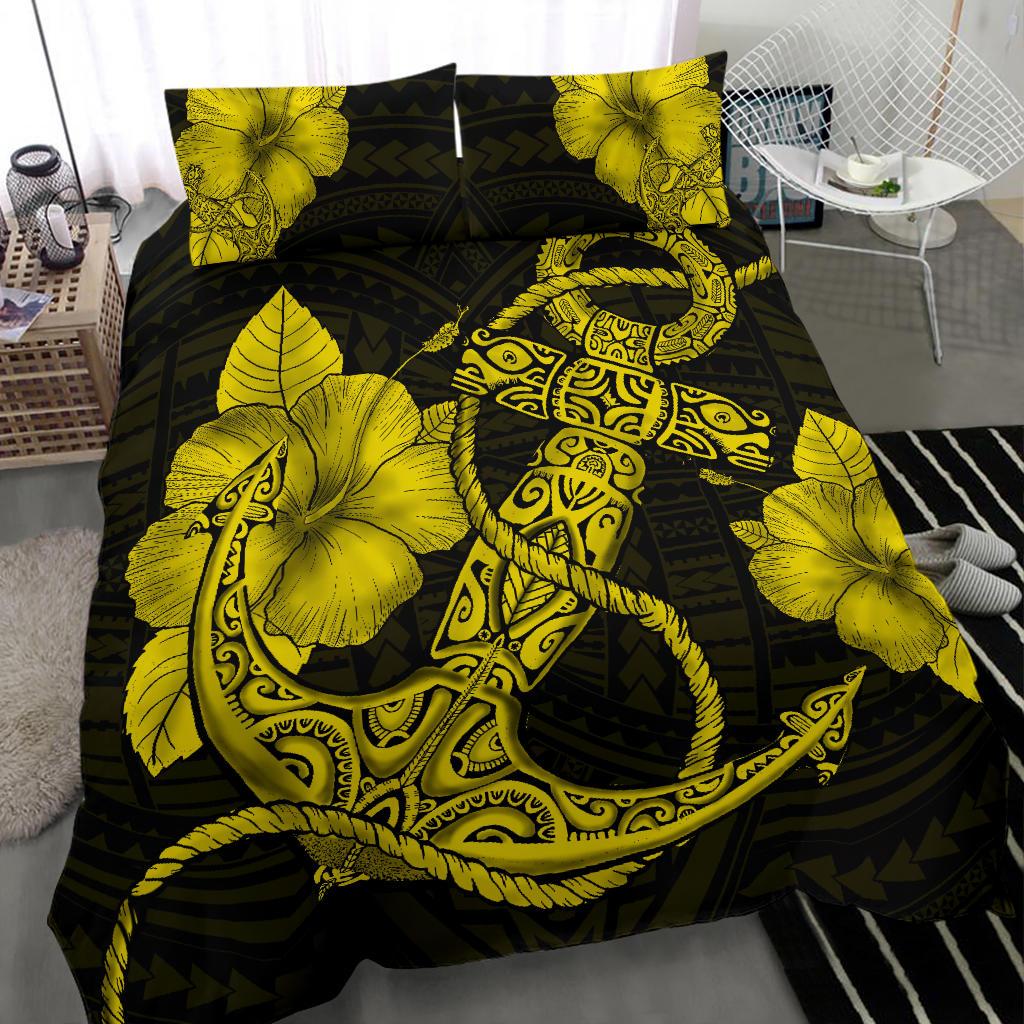 Hawaiian Anchor Poly Tribal Hibiscus Polynesian Bedding Set Yellow - Polynesian Pride