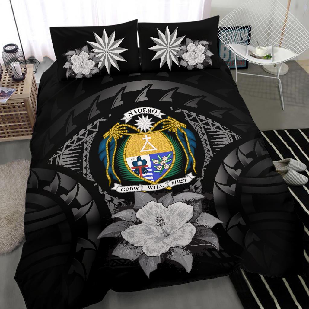 Nauru Duvet Cover Set - Nauru Coat Of Arms & Gray Hibiscus - Polynesian Pride