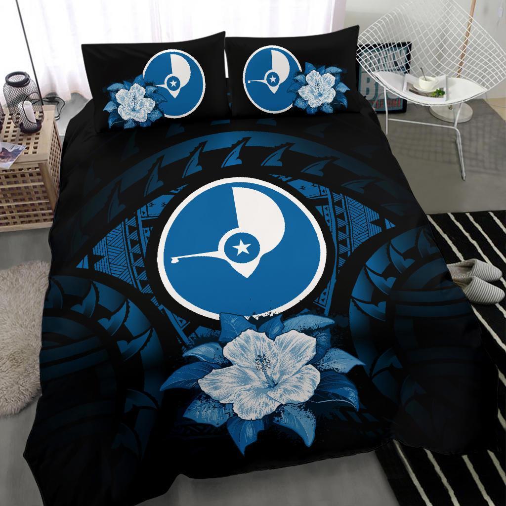 Yap Duvet Cover Set - Yap Flag & Dark Blue Hibiscus - Polynesian Pride