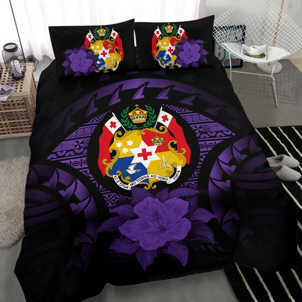 Tonga Duvet Cover Set - Tonga Coat Of Arms & Purple Hibiscus - Polynesian Pride