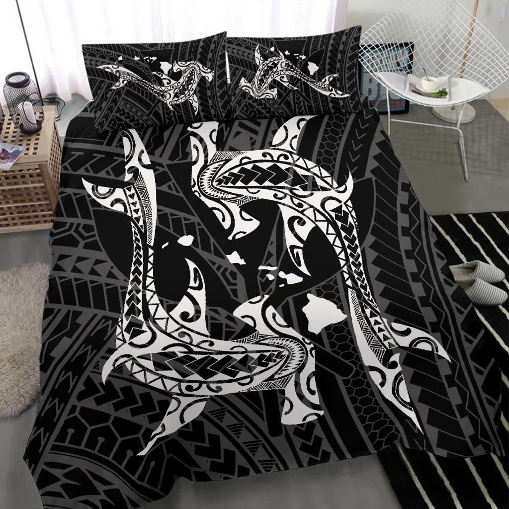 Hawaiian Map Hamerhead Shark Yin Yang Polynesian Bedding Set - Black - Polynesian Pride