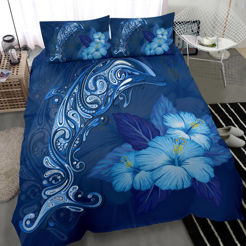 Hawaiian Dolphin Hibiscus Tropic Blue Polynesian Bedding Set - Polynesian Pride